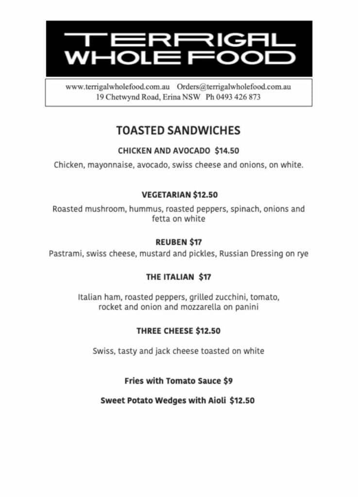 TWF Best Toasted Sandwiches Central Coast Menu.